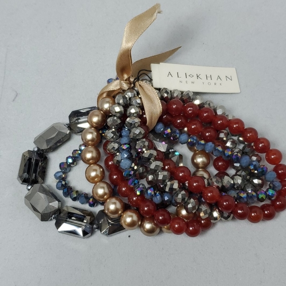 Ali khan 8pc multi rust color glass stone stretch bracelet - Picture 2 of 3